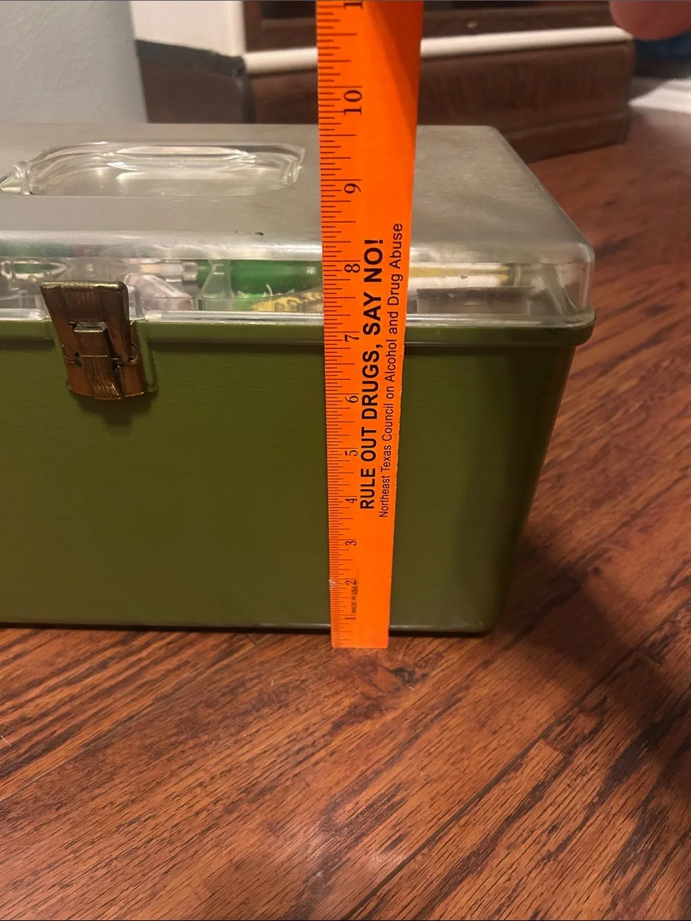 Vgt Olive Green sewing Box with Clear Lid w all contents shown.
